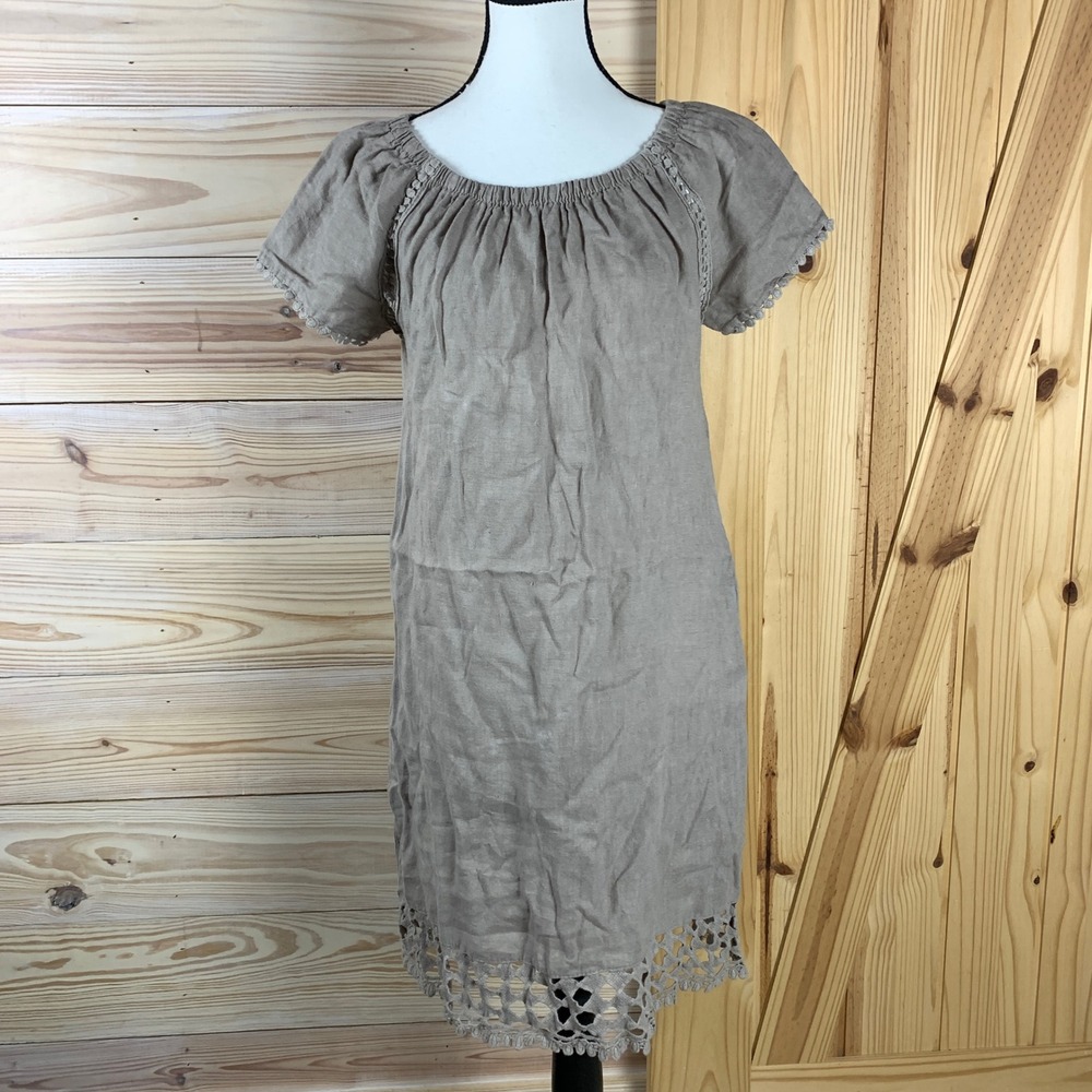 Lungo L'Arno Dress Womens Small Taupe Linen Crochet Hem Italy Shift